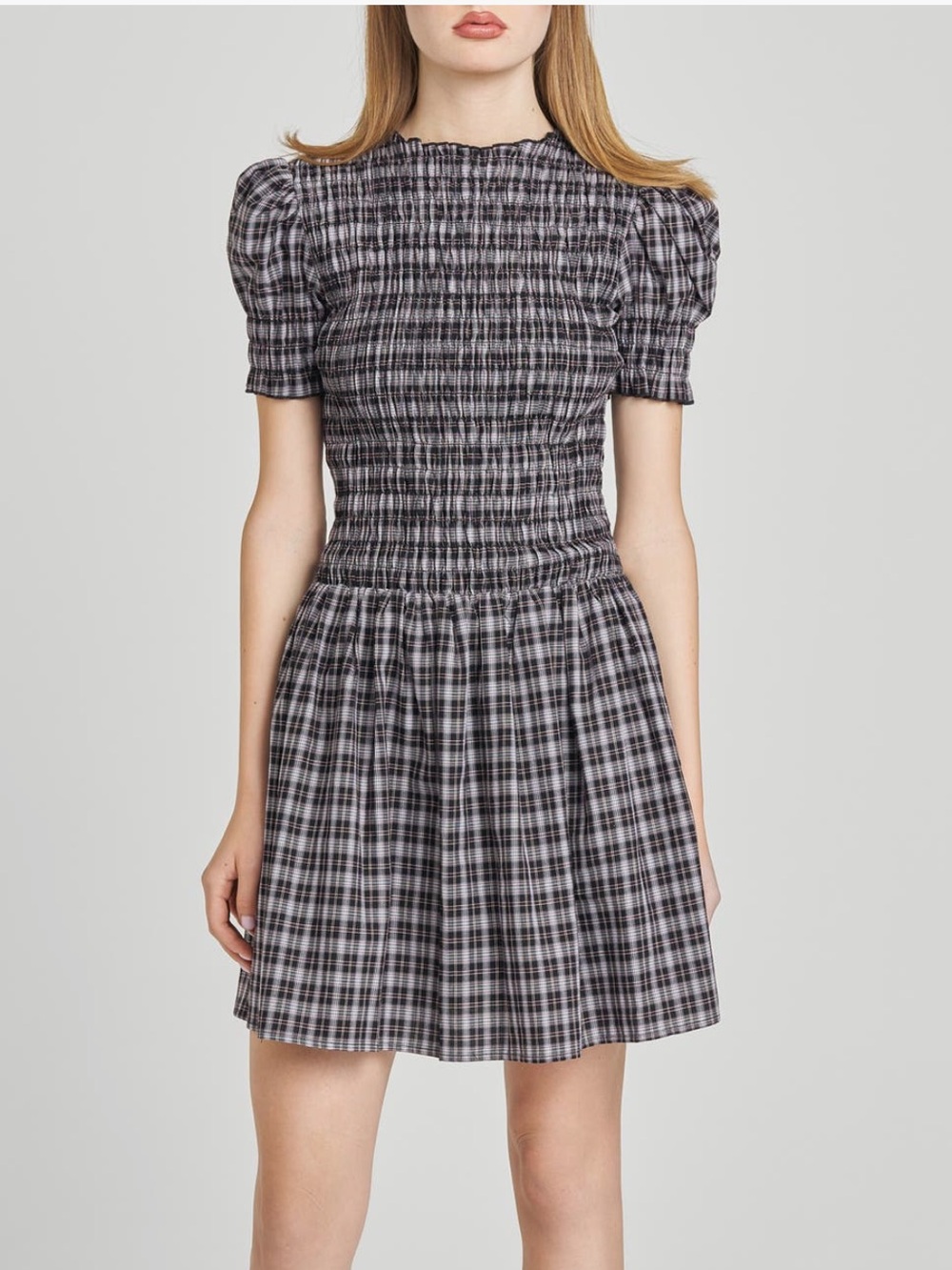 WAYF Eloise Smocked Short Sleeve Dress Black Plaid Size Small NWT